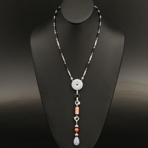 Art Deco Style 18K Jadeite, 2.46 CTW Diamond, Black Onyx and Coral Necklace